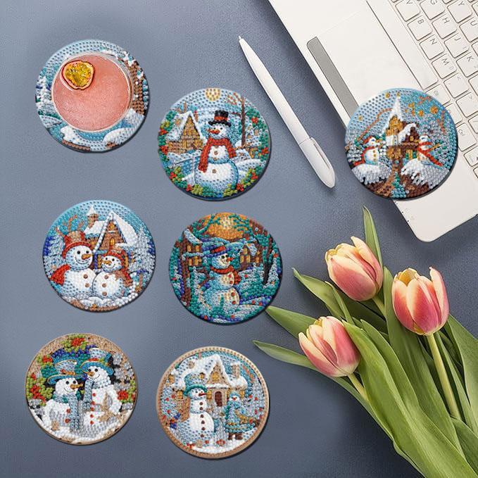 Snowman Cartoon Diamond Art Coasters With Display Holder, Diy Round Painting Craft Kit For Home Table Decor, Colorful Anti‑Slip Drink Coasters With Heat Insulation For Daily Use