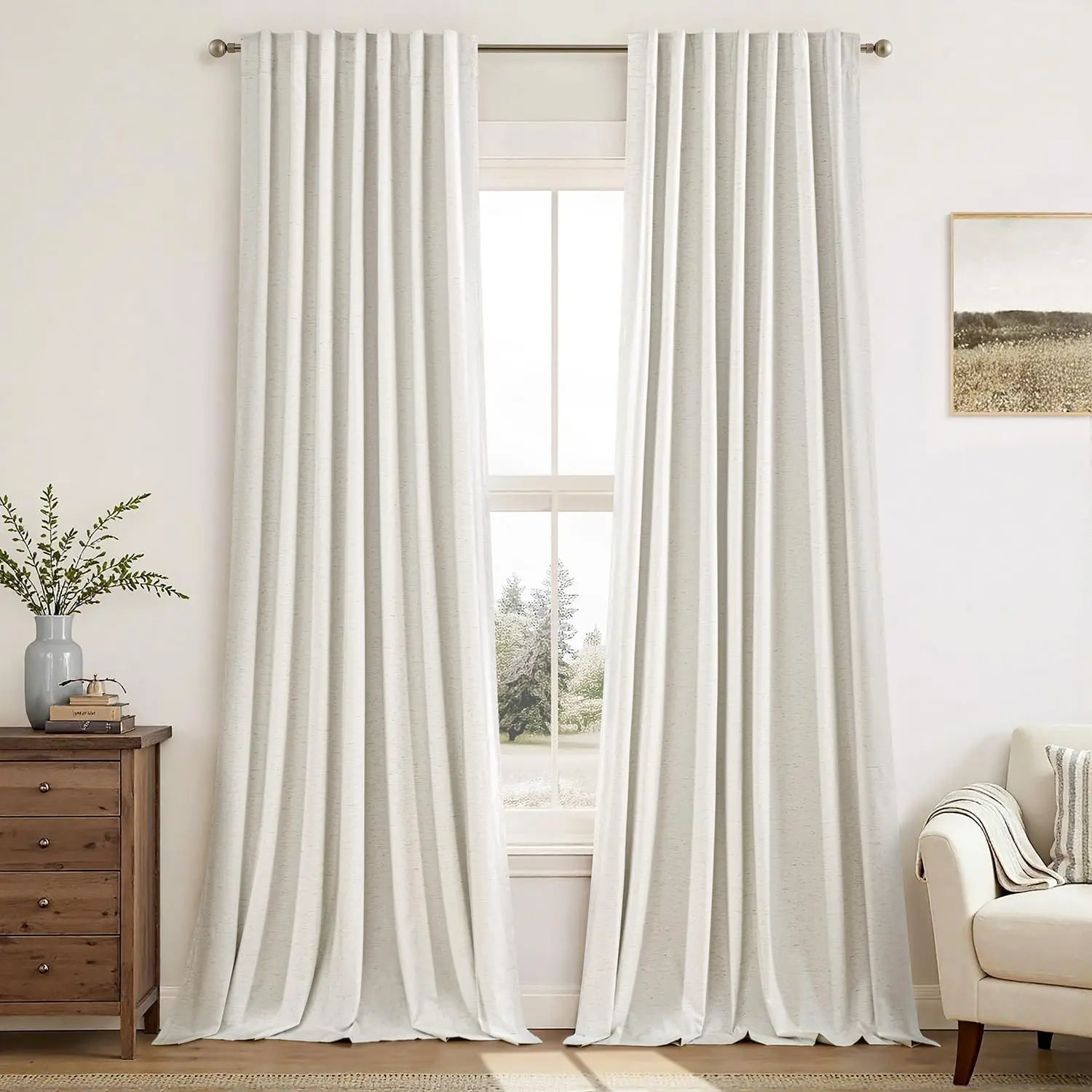 100% Blackout Curtains, 108 Inch Long, 2 Panels, Back Tab Pleat Hook Belt Clip Rings, Thermal Drapes for Bedroom and Living Room, Ivory Natural Farmhouse Black Out Window Curtains.