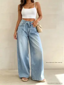 Women's Drawstring Adjustable Y2K Elegant Casual Chic Back-To-School Style Denim Jeans Wide Leg Pants, Four-Season Fashionable Bottoms for Daily Wear