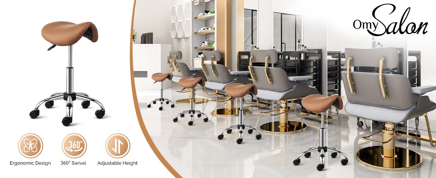 OmySalon Adjustable Saddle Stool with Footrest, Hydraulic Rolling Salon Chair, 360° Swivel Wheels Ergonomic Stool for Hair Stylists, Tattoo Artists, Office, Spa, Massage, Dental