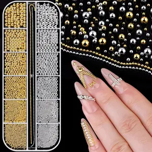 1 Box Trendy 12-Grid Nail Art Bead Decorations, Mini Silver Color and Mixed Sizes, Round Metal Drills Accessories, Nail Art Supplies