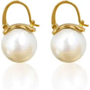 OwMell Elegant Silver Pearl Drop Earrings Dangle Stud Gold Plated Earrings for Women Large Size 12mm