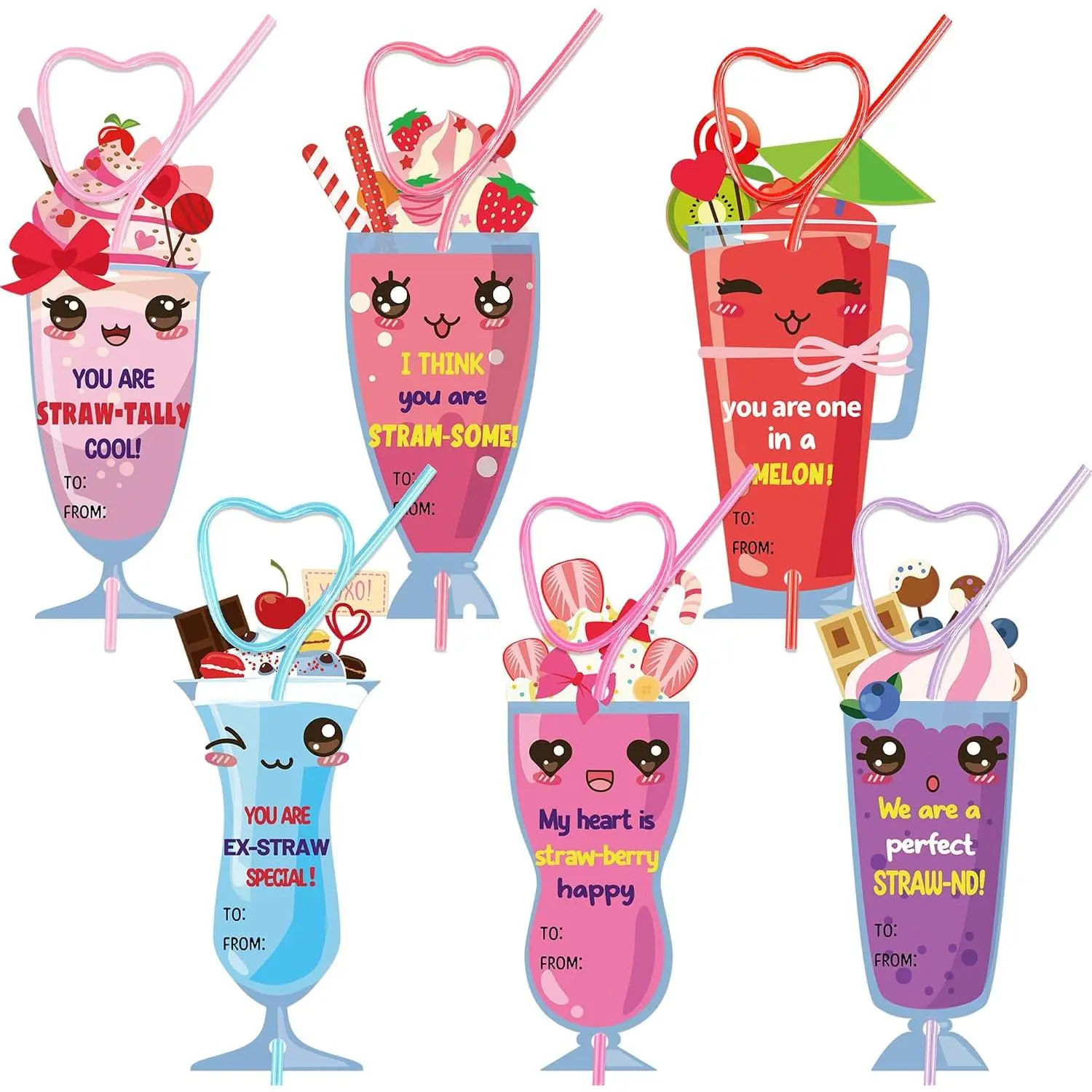 36 Packs Valentine Day Card for  Valentines  with Straws Exchange Card with Heart Shaped  Drinking Straw for Girls Boys Gifts Classroom Party Favors School Prizes