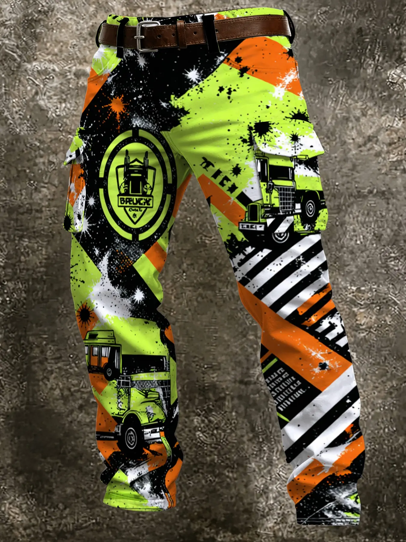 Men's Fluorescent Block Truck Graffiti Cargo Pants, Ink Stripe Multi-Pocket Straight Leg Casual Long Pants, Street Fashion Trendy Men's Pants, Casual Fitted Pockets