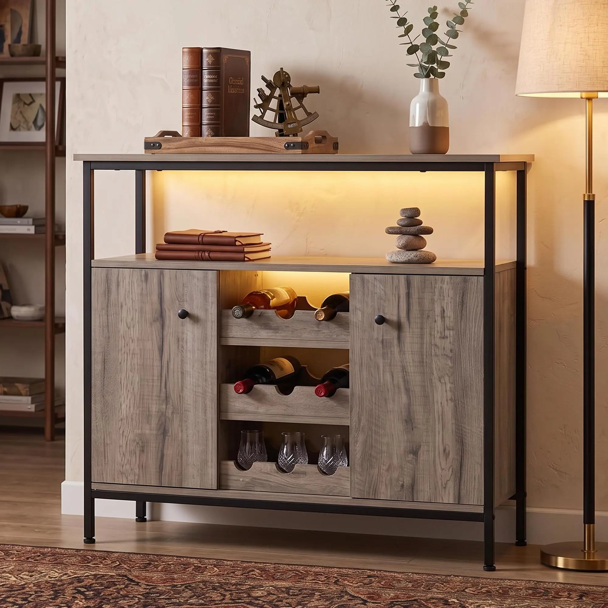 37.8" Farmhouse Buffet Cabinet - Single Unit Rustic Look Wood Finish with Wine Rack, Adjustable Shelves, Metal Frame Sideboard for Dining Room, Kitchen