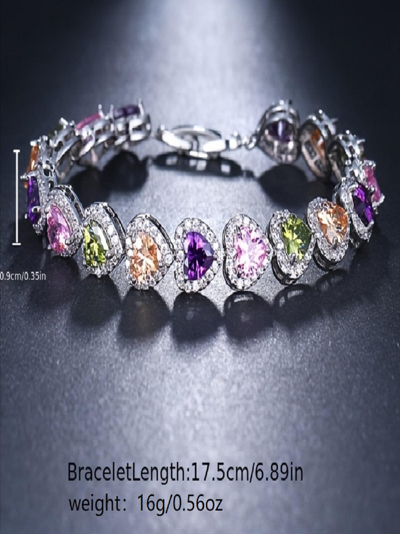 Women's Elegant Colorful Heart Shaped Zircon Decor Bracelet, Exquisite Trendy Bracelet, Fashionable Jewelry for Women & Girls As Gift, Heart Design Bracelet, Heart Charm Bracelet