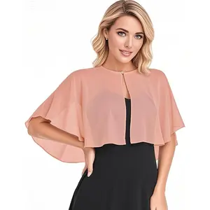 Chiffon Shawl Wraps for Women, Round Neck Capelet with Pearl Button for Evening Dress Wedding Formal Party Cover Up