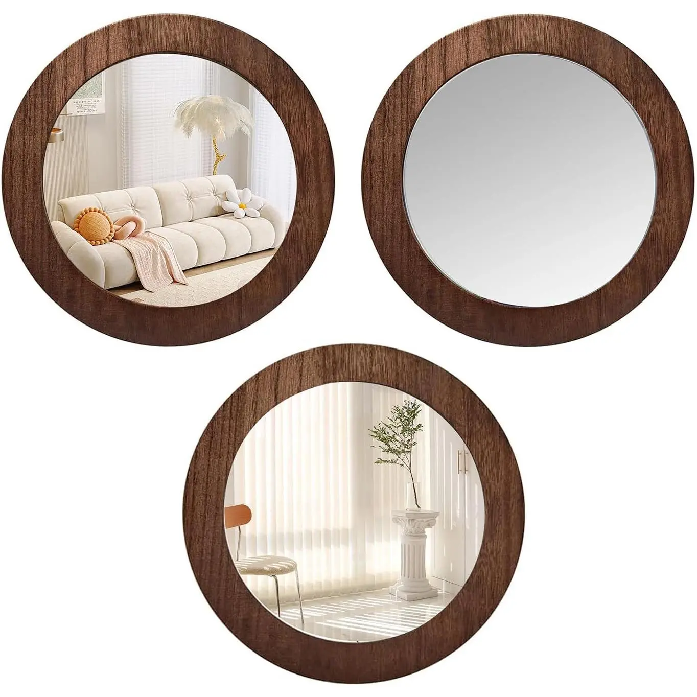 3 PCS Wood Wall Acrylic Mirrors Decorative, 8 Inch Round Rustic Farmhouse Natural Wood Shatterproof Acrylic Decorative Mirror for Living Room, Bathroom, Bedroom and Entryway (Not Real Glass)