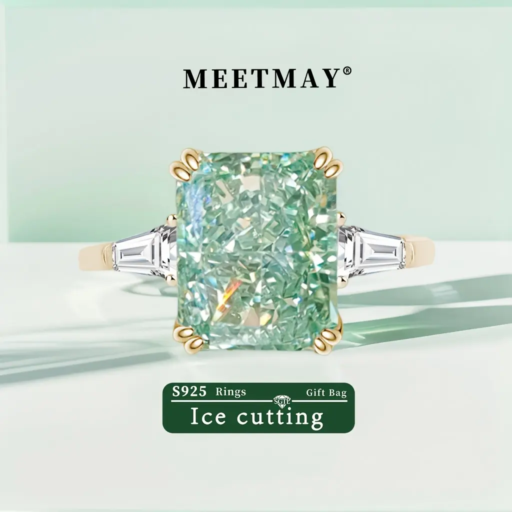 S925 Sterling Silver Mint Green Crushed Ice High Carbon Deluxe Engagement Ring, Fashion Costume Jewelry Rings, Engagement Rings