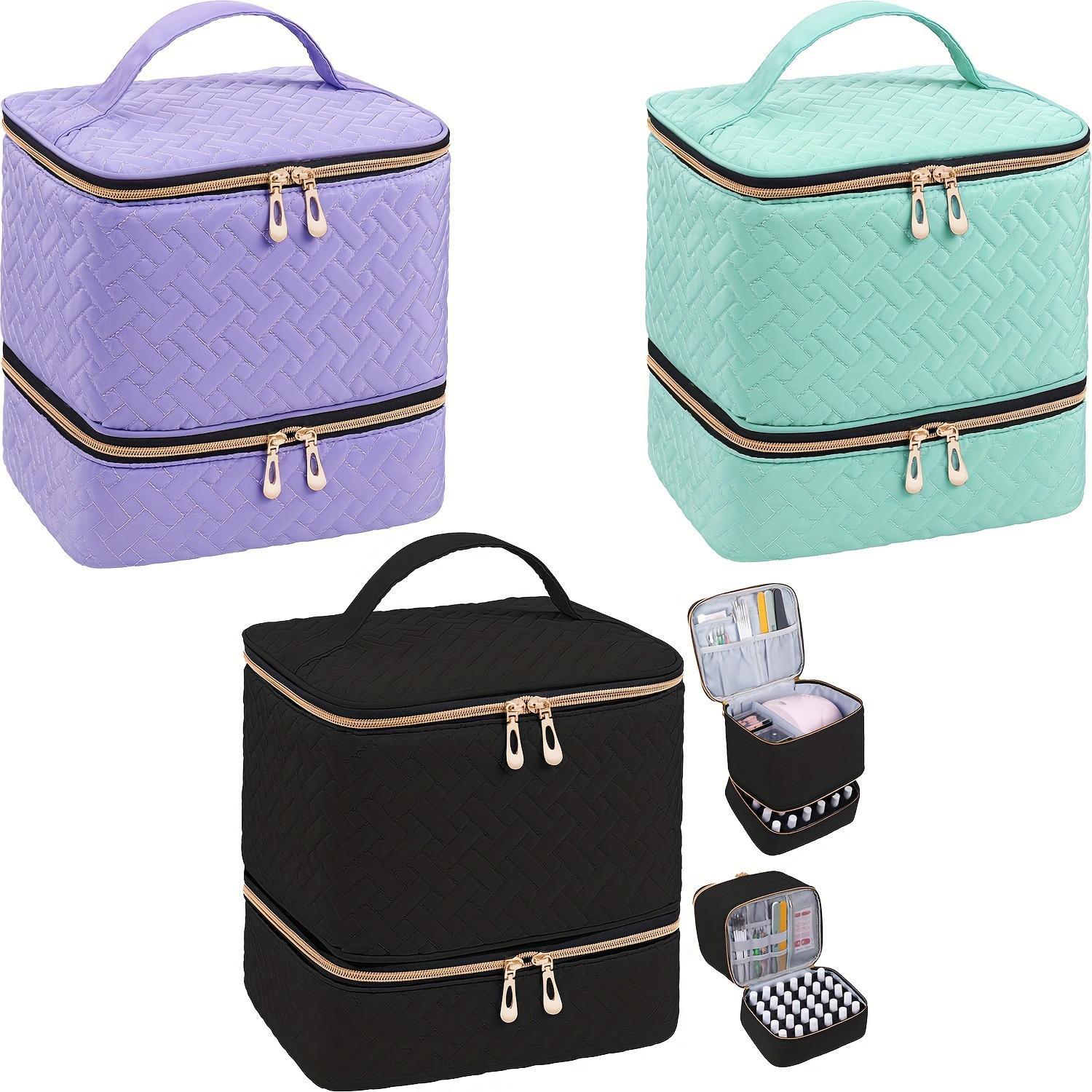 Double Layer Nail Polish Organizer Makeup Box, Portable Large Capacity Travel Case, Zipper, Durable and Lightweight