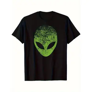 Men'S Alien Head Pattern T-Shirt - Black with Neon Green Alien Face, 51st Area Roswell UFO Propulsion Theory Shirt - Essential for Science Fiction and Comic Conventions - Casual Style, Retro Print Top, Comfortable Fit