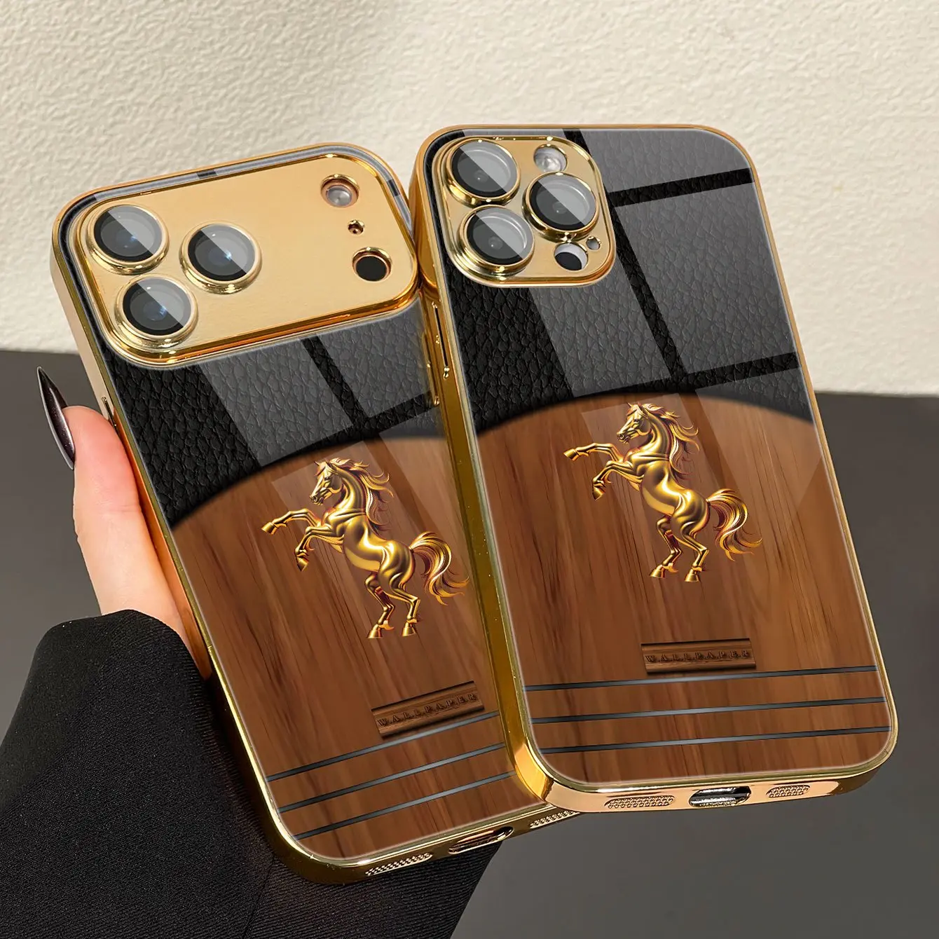 Golden Horsewood Pattern Electroplated Gold Glass Phone Case for iPhone 17 16 15 14 13 12 11 Pro Max Plus Ari, Fashionable Protective Case, High-end Luxury Glass Case, Suitable as a Gift for Friends and Couples