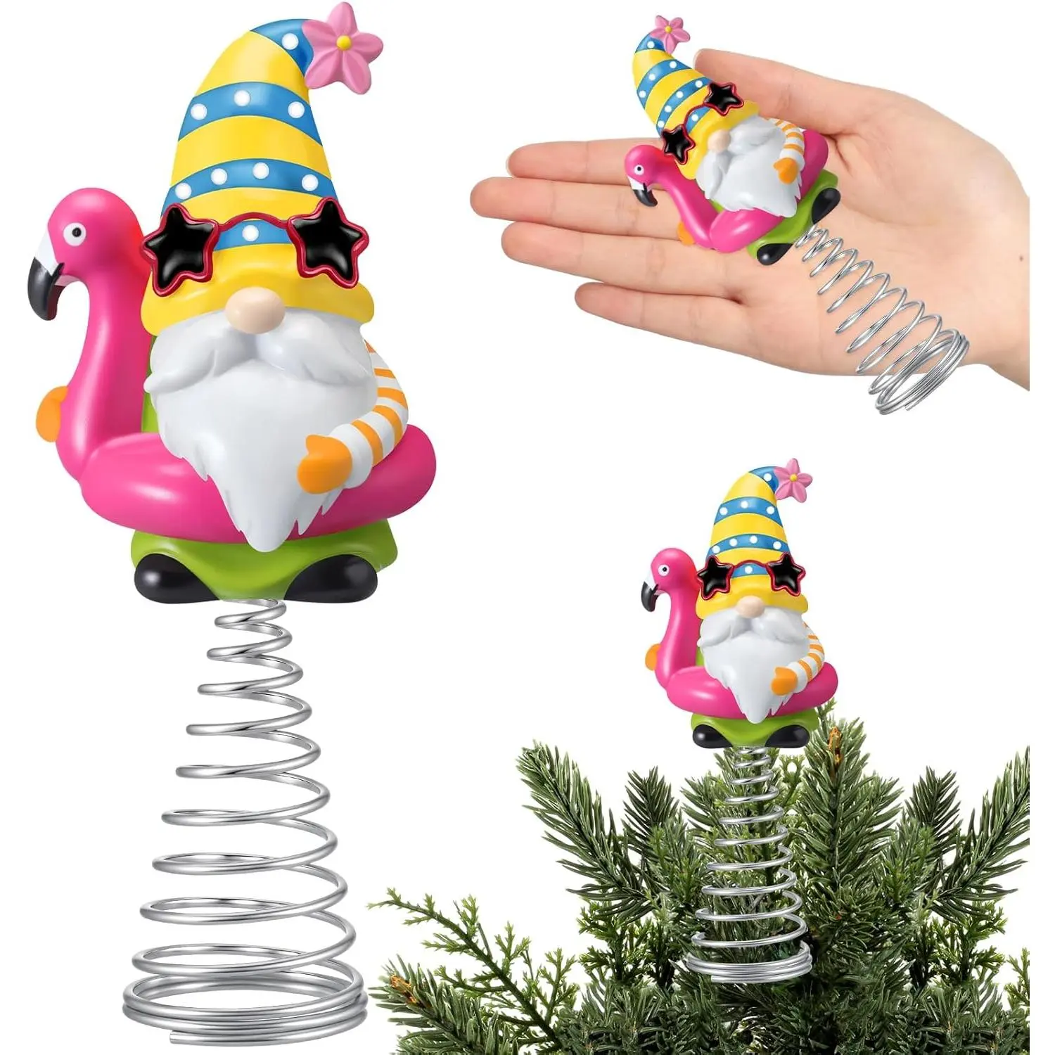 Summer Flamingo Gnome Mini Tree Topper 5.1 Inch Tropical Beach Gnome with Spring Base, Mini Summer Tree Top Decorations for Luau Hawaiian Party Tiered Tray Tabletop Decorfidget toys