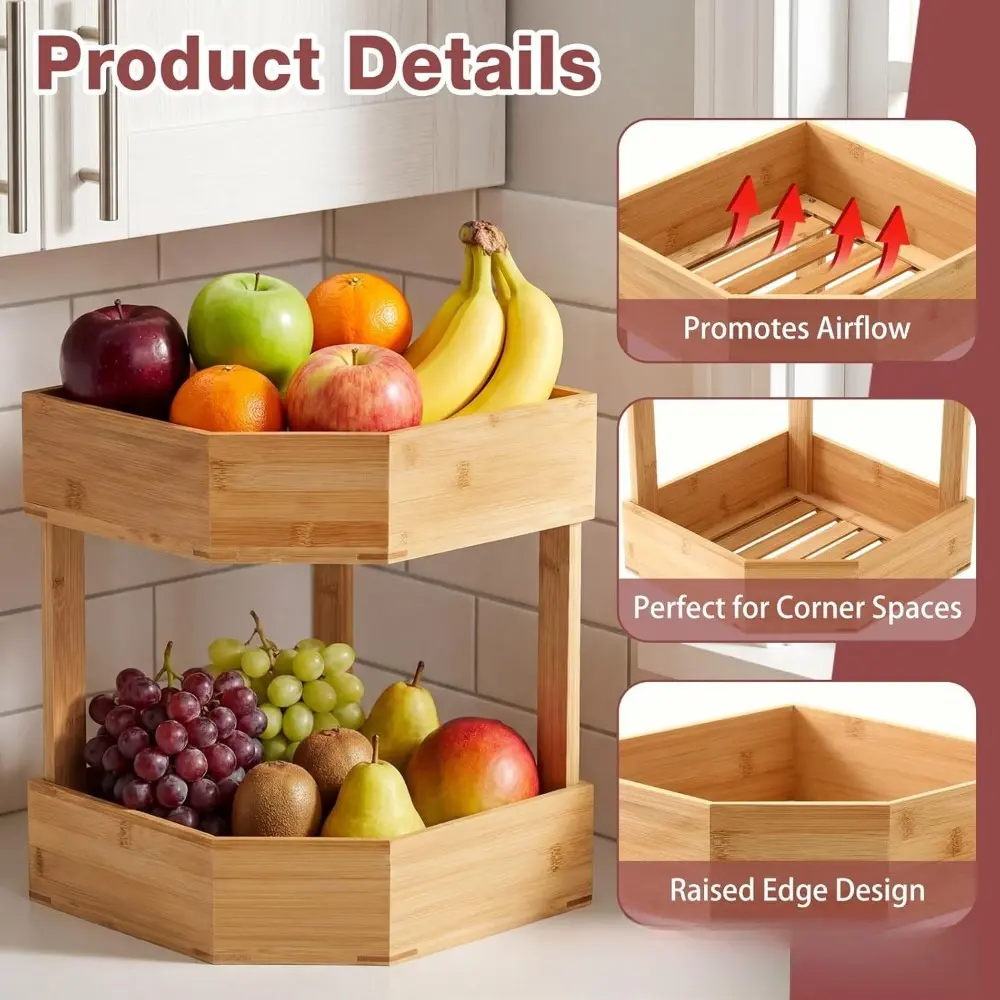 Kitchen finishing Wooden double-layer fruit and vegetable rack Household kitchen seasoning storage rack Fruit and vegetable storage tray with ventilation hole rack