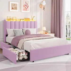 LED Twin XL/Full/Twin Bed Frame w/ Storage Headboard & 2 Drawers – Boucle Upholstered Platform Bed for Girls – Chic Wavy Headboard with Bookcase – No Box Spring Needed