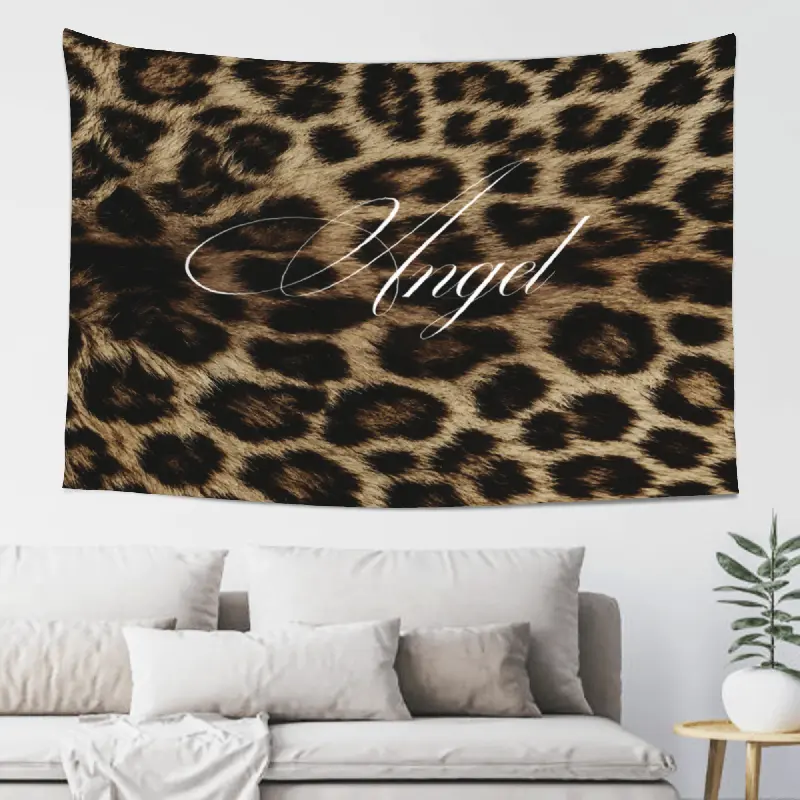 Angel Script Leopard Print Tapestry 5ft x 3ft 60in x 40in, Brown Animal Pattern Wall Hanging Tapestry for Bedroom Dorm Living Room Vanity Room Backdrop, Peach Skin Fabric Indoor Outdoor Home Decor Wall Art Gift for Trendy Room Decor