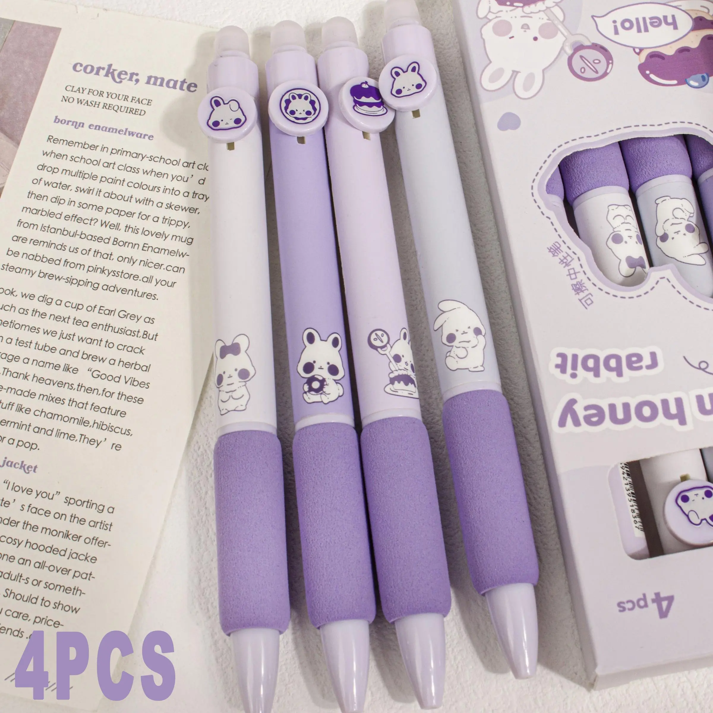 4-Pack Cartoon Multicolor Erasable Ballpoint Pens, Soft Grip Sponge Pen, Student Signature Pen, 3 Colors Available, Office Stationery