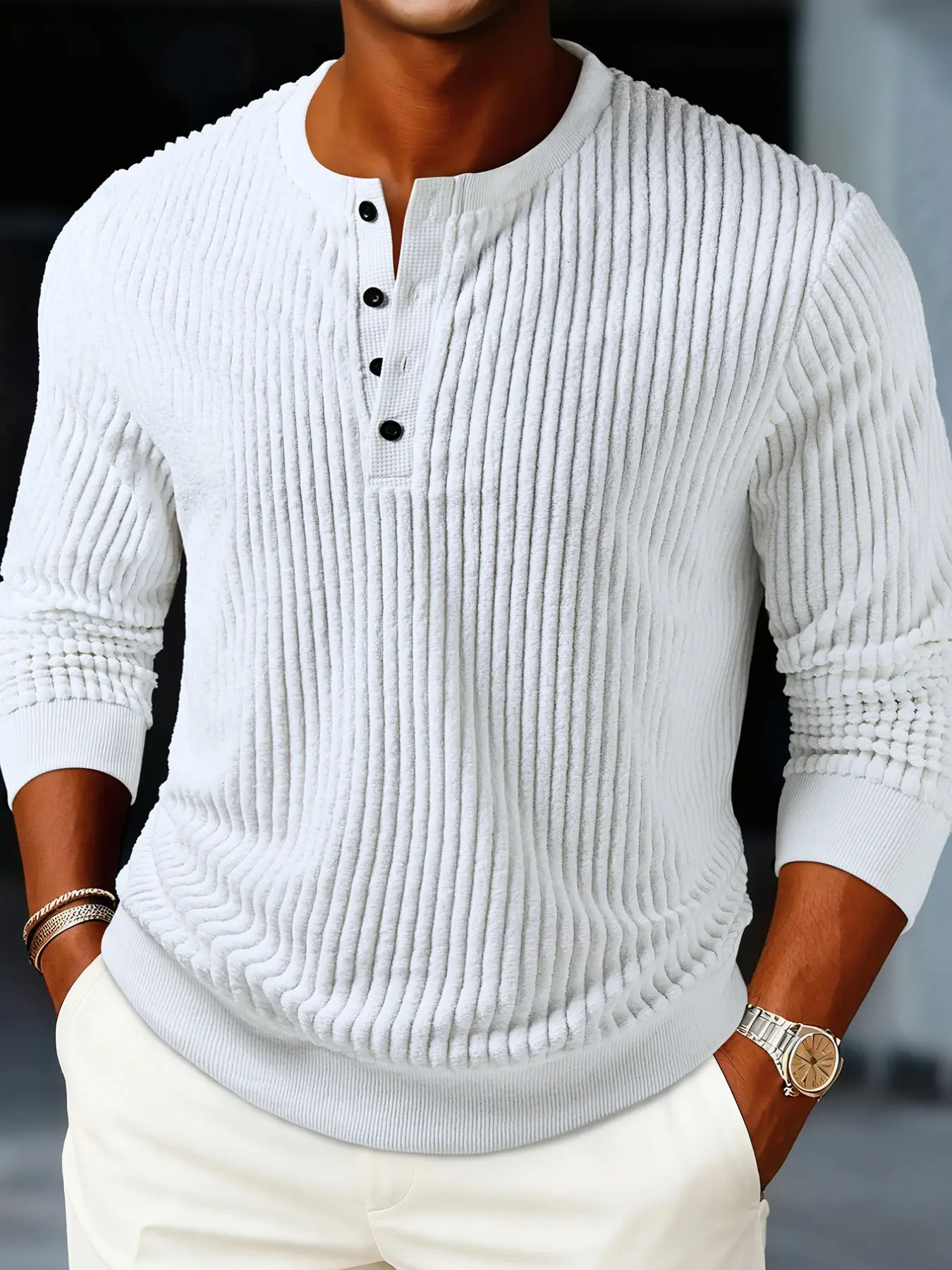 2026 New Men's Vertical Groove Henry Neck Long Sleeve Shirt, Four Buttons, Bubble Texture Sleeves, Elastic Fit, Breathable Business Wear