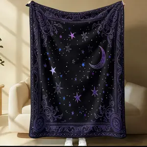 Night Sky Themed Throw Vintage Moon Star Pattern Mixed Color Flannel Cozy Blanket Ultra Soft All Season Comfort Perfect Gift for Stargazers Christmas Birthday Celestial Decor Warm Beautiful Flannel Breathable Comfortable Print Flannel Blanket