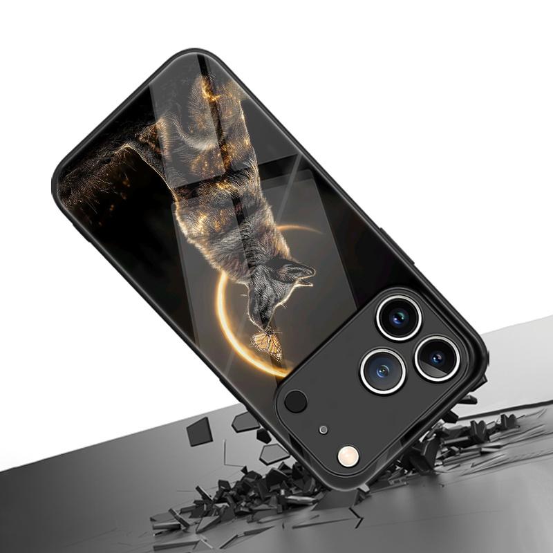 Phone Case: Artistic Fashion Moon Black Wolf Pattern Glass Phone Case, Suitable for iphone17 17Air 16 Pro 15 Promax 14 Plus 13 12 11, Full Coverage, High-Definition Tempered Glass, Stylish Protective Cover, Device Protective
