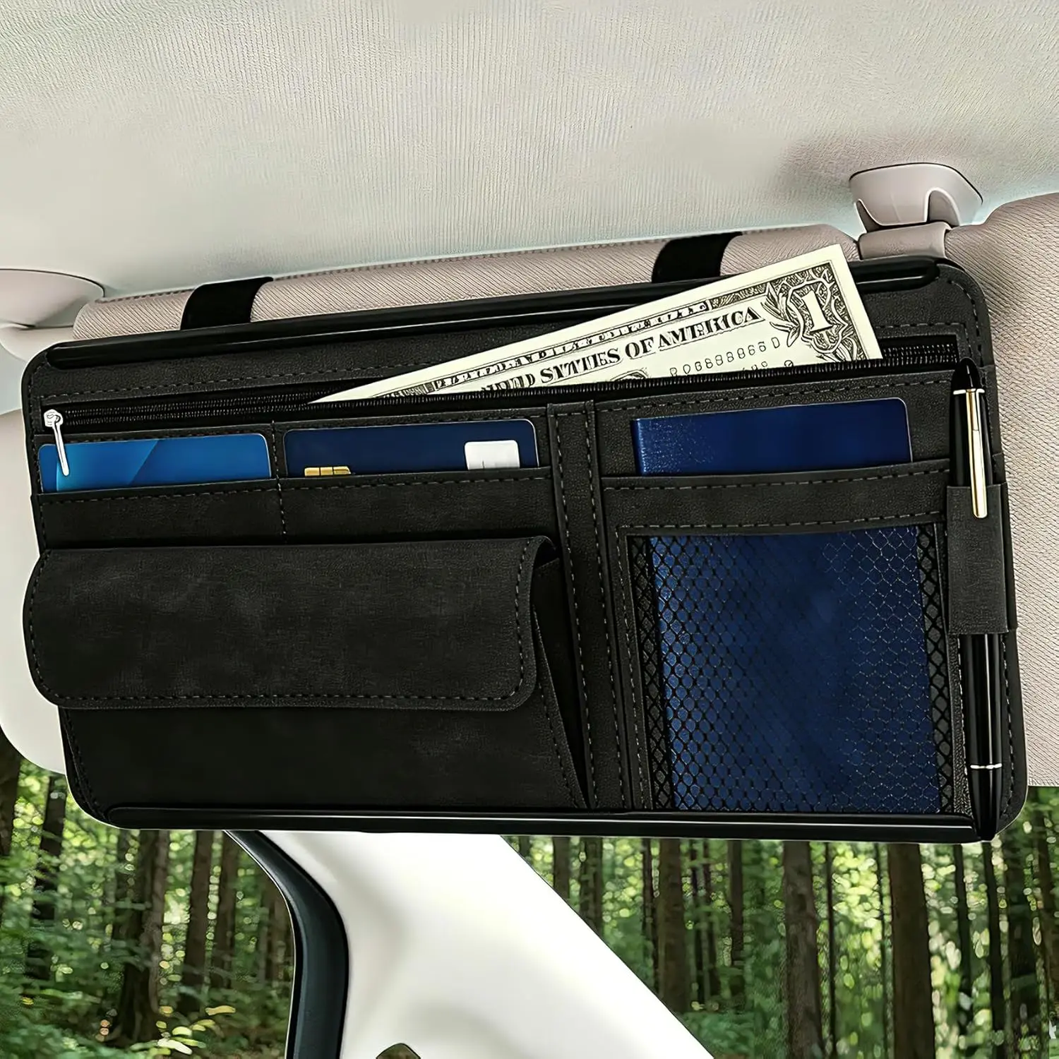 Car Sun Visor Organizer, Visor Accessories, Leather Sunvisor Pocket Organizer Case with Multi-Pocket Net Zipper, Waterproof Auto Sunshade Organizer Bag for Card Pen Sunglasses Document (Black)