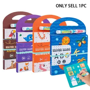 1 PC of children's reusable cognitive water coloring book, repeatedly doodle with water and color, featuring four themes: letters/colors/numbers/animal world. Mess-free coloring with a portable handle design. (Brush style random)
