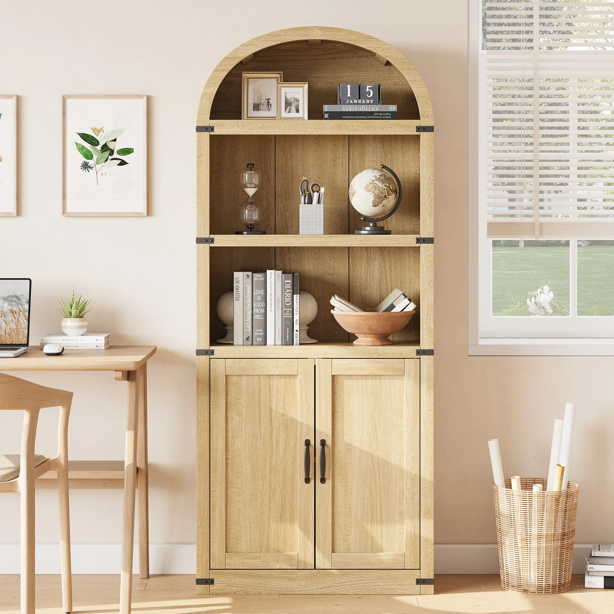 🏡 Garvee 71.65" Arched Bookcase with Doors – Rustic Farmhouse Storage Cabinet, 50 lbs per shelf, for Home Office & Living Room! ✨