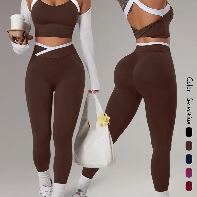 【Black Friday】Women's 2-Piece Color-Block Seamless Sportswear Set, Stretchy Activewear for Indoor and Outdoor Fitness, Running, Hiking, Walking, Pilates, and Gym Workouts, All-Season Workout Apparel