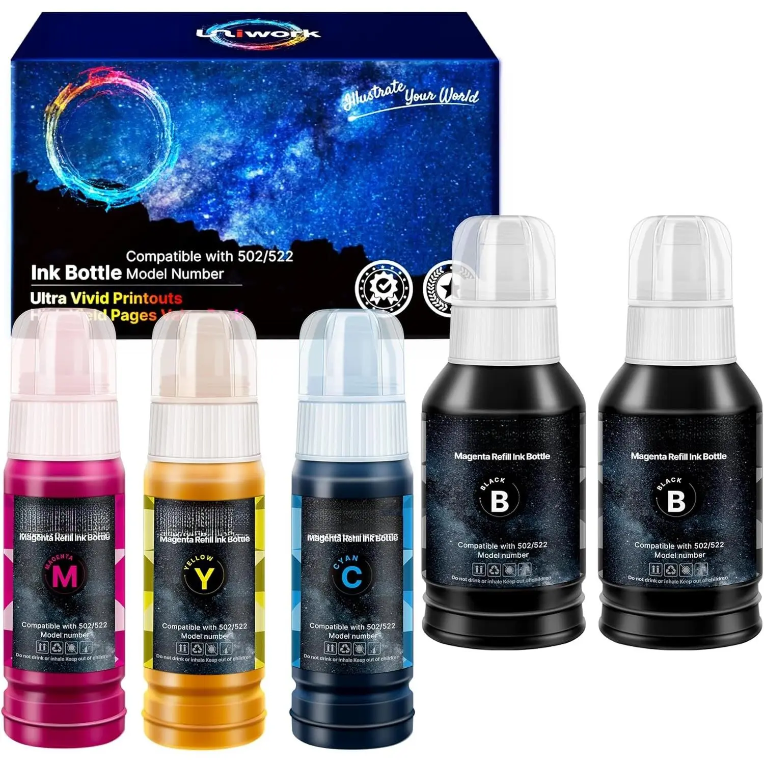 Compatible 502 Ink Bottles  for Epson 502 T502 522 Ink Refill Bottles to use with ET-15000 ET-2760 ET-3710 ET-2750 ET-3700 ET-4760 ET-3750 ET-3760 Printers 5 Pack