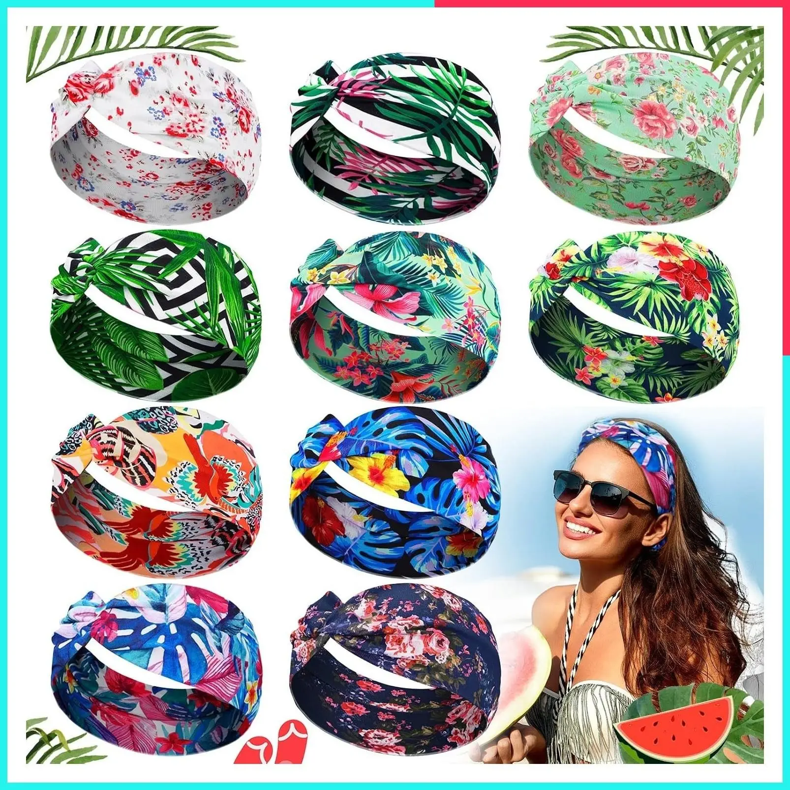 10 Pcs Women's Summer Hawaiian Headbands Wide Tropical Floral Knotted Non-Slip Elastic Hair Bands Vintage Headwrap for Beach Yoga Sport Running
