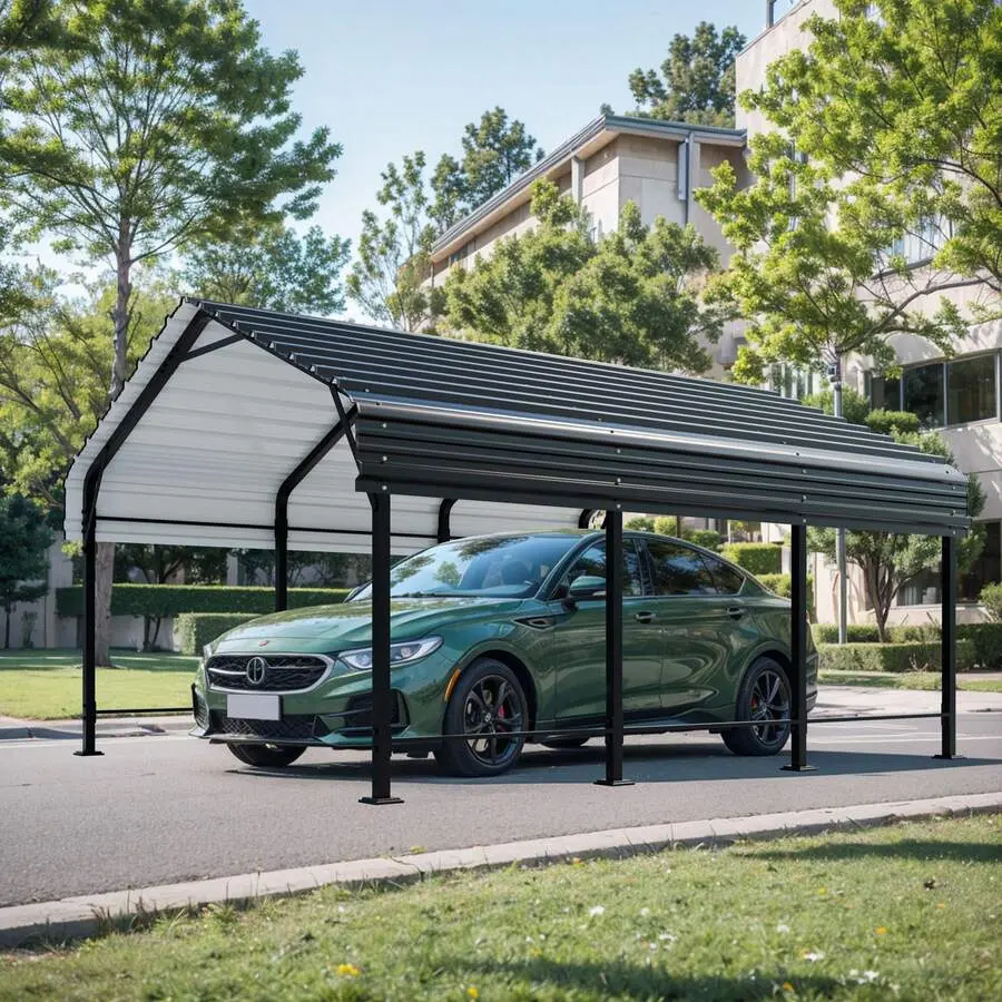 12x15 FT Metal Carport, Enhanced Base Oversized Garage Carports,Outdoor Galvanized Shelter,Heavy Duty Carport Canopy With Steel Roof And Frame, Car, Boats And Tractors