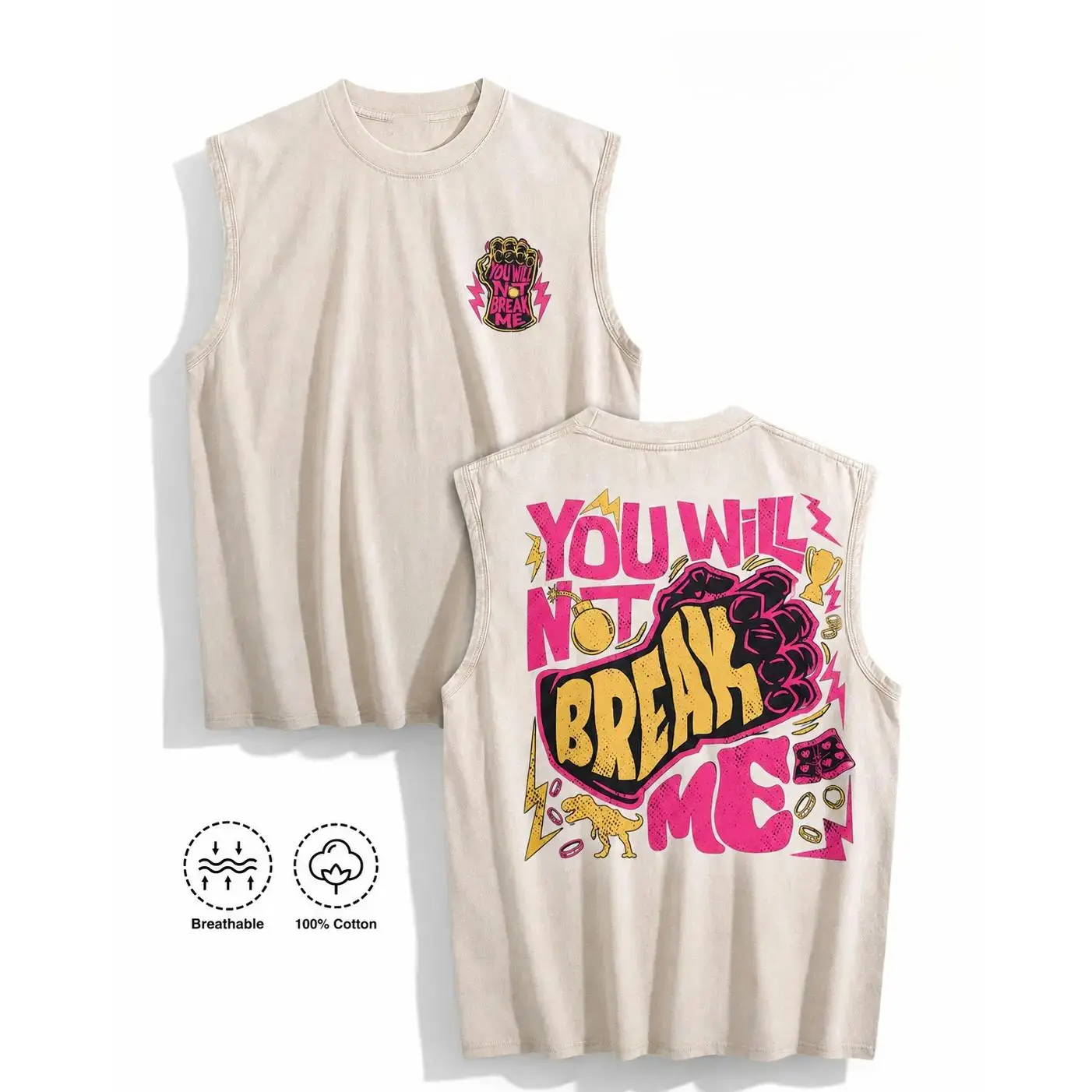 Men's Vintage Acid Washed Black Double-Sided Oversized Sleeveless Tank Top - Medium Cut Graphic Print, "You Will Not Break Me" Fist Dinosaur Lightning Trophy Coin Chest Art, Mini Logo, Motivational Retro Grunge Punk Alt Streetwear Unisex Workout Tank Tops