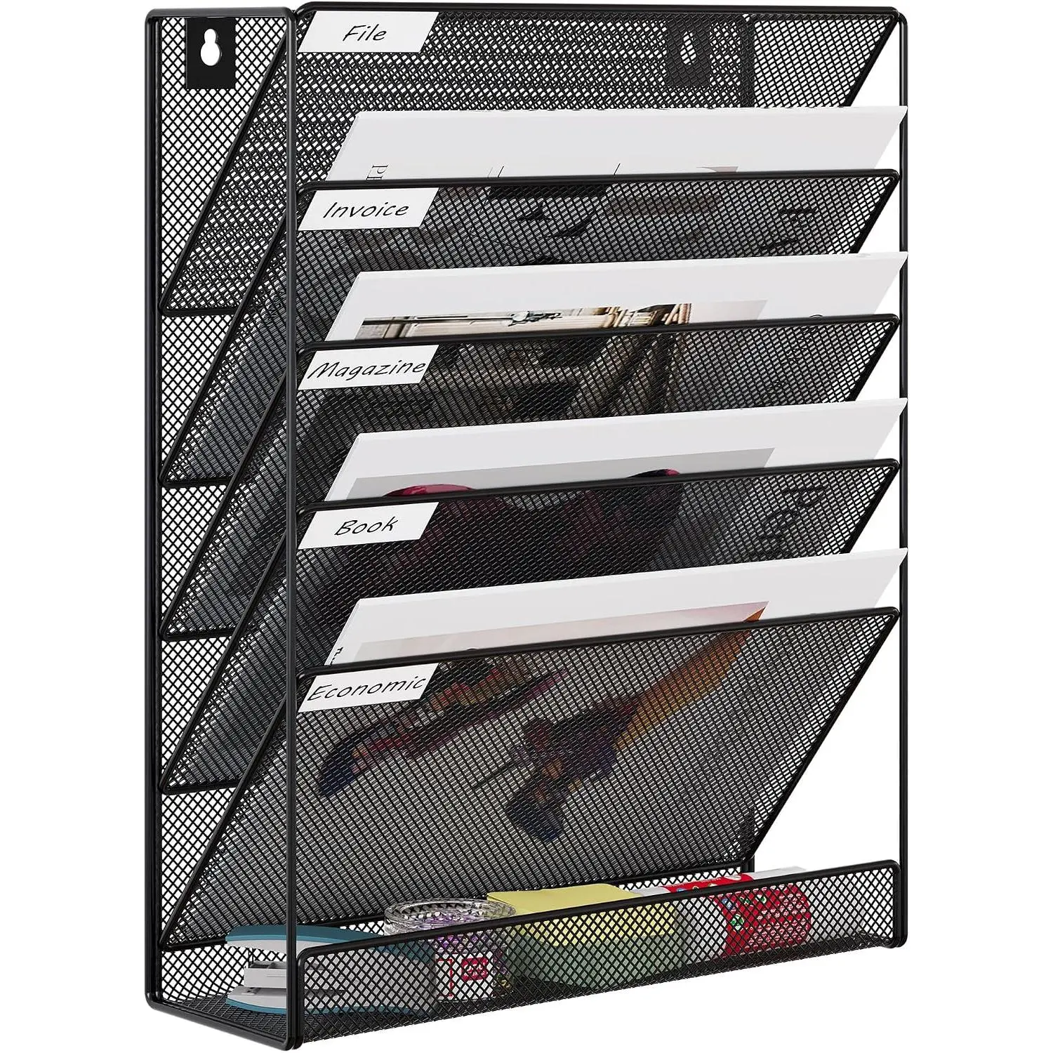 Black 5-Tier Mesh Wall Mount File Holder with Classify Labels, Wall-Mounted File Storage Organizer for Home Office, Vertical Hanging Folder Organizer