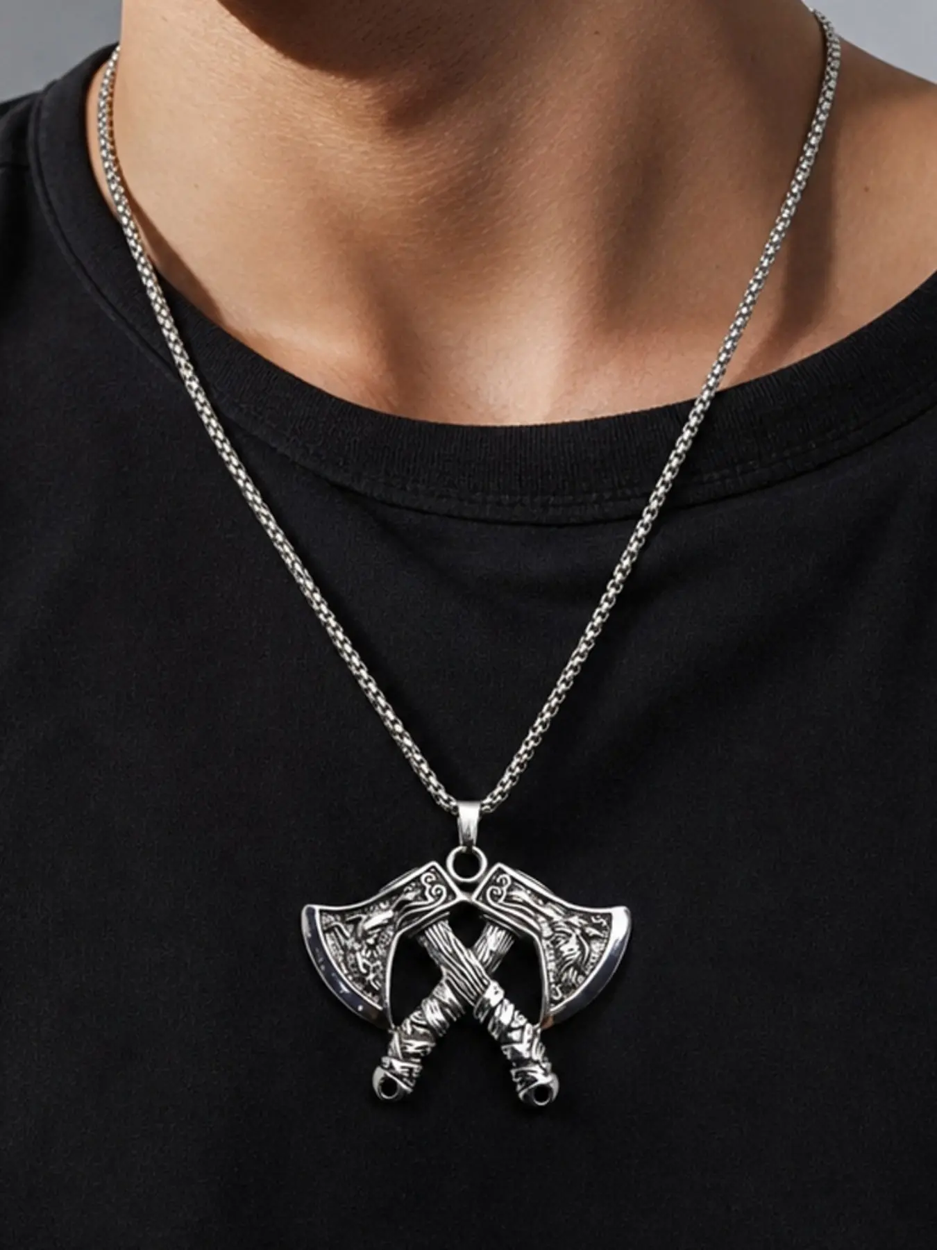 Viking Retro Dual Axe Necklace, Wolf Raven Relief Cross Axe Pendant, Nordic Punk Street Style Men's Long Stainless Steel Chain