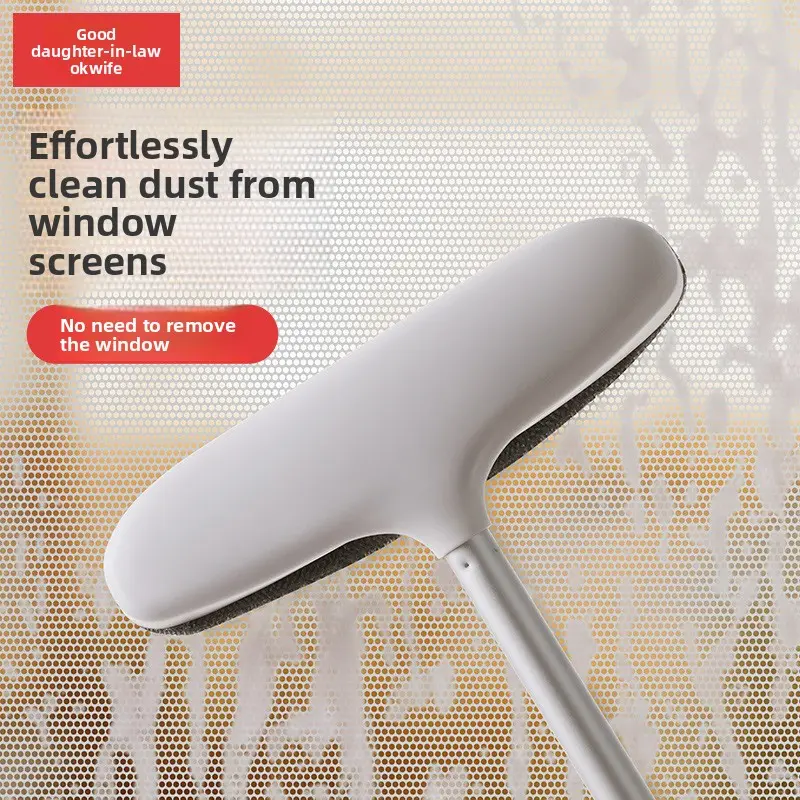 OKwife No-Disassembly Window Screen Cleaner Brush - Lightweight Stainless Steel Long Handle, Mesh Bristles Dust Remover, Comfortable Multifunctional Household Cleaning Squeegee with Wipe Function for Windows