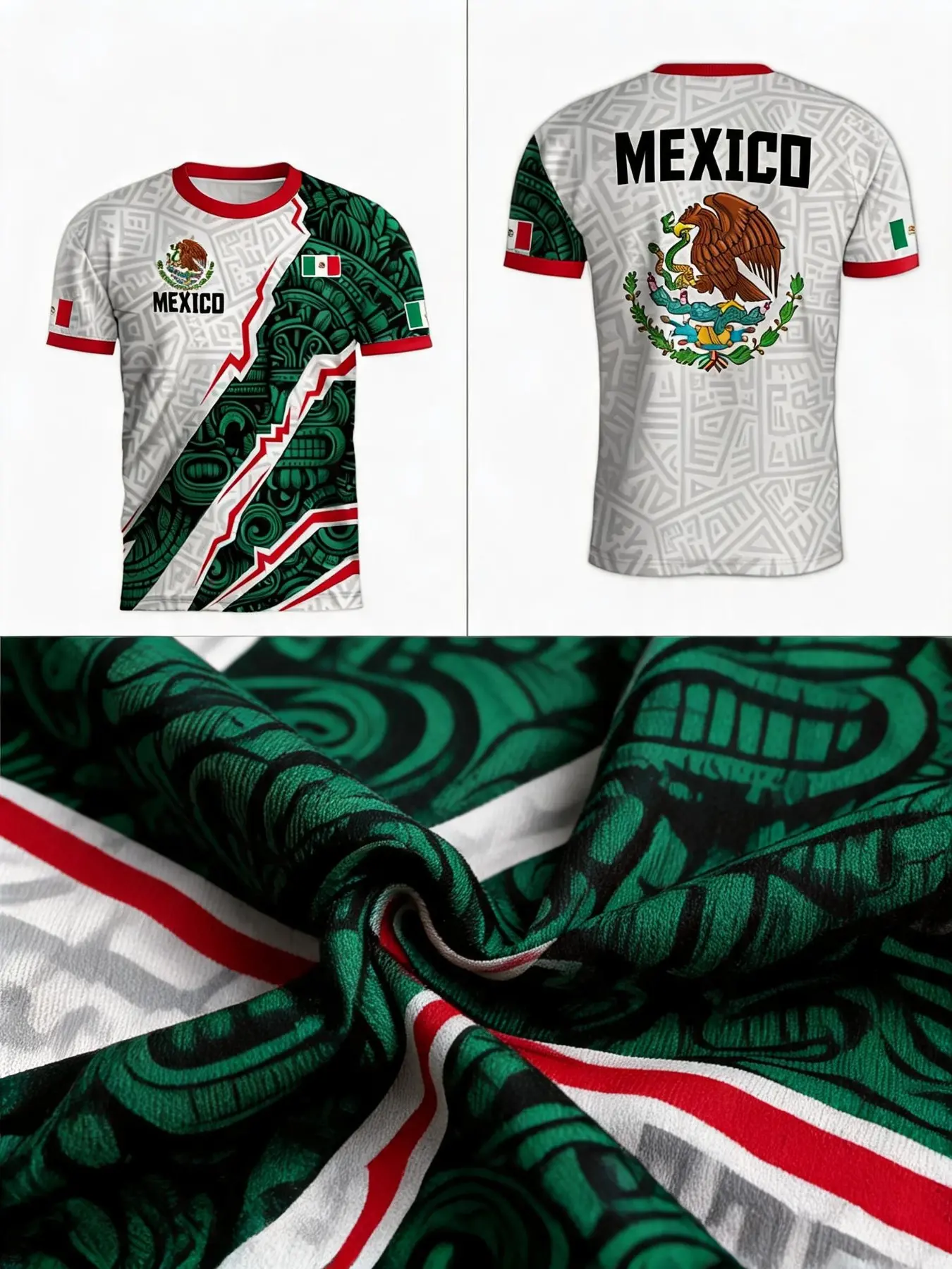 Aztec Inspired Mexico Flag Tee, Men's Slim Fit Stretch Comfort T-Shirt Print, Casual Streetwear for Fans, Perfect for LA Miami Game Day & Daily Wear, Tops