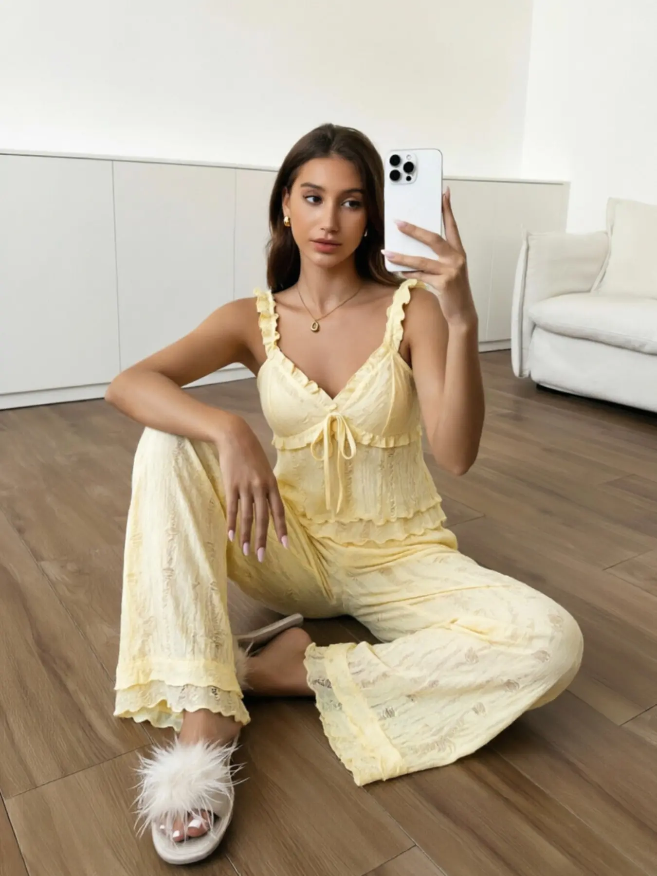 Women's Puff Sleeve Wide Leg Pants Sleepwear Set, Summer Lightweight Floral Two-Piece Set, Ruffle Decoration + V-Neck Tie + Vertical Texture, Loungewear Pajamas, Aesthetic