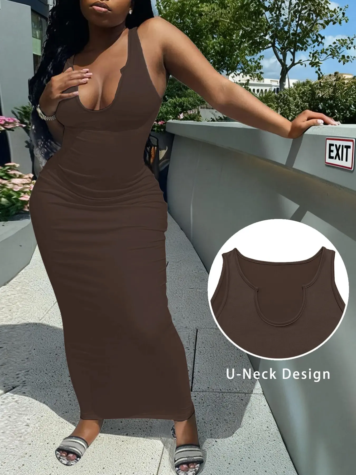 Women's Summer Long Dress, Slim-Fit Bodycon Backless Dress, Stretchy Slimming Solid Color Long Dress, Casual Party Dress
