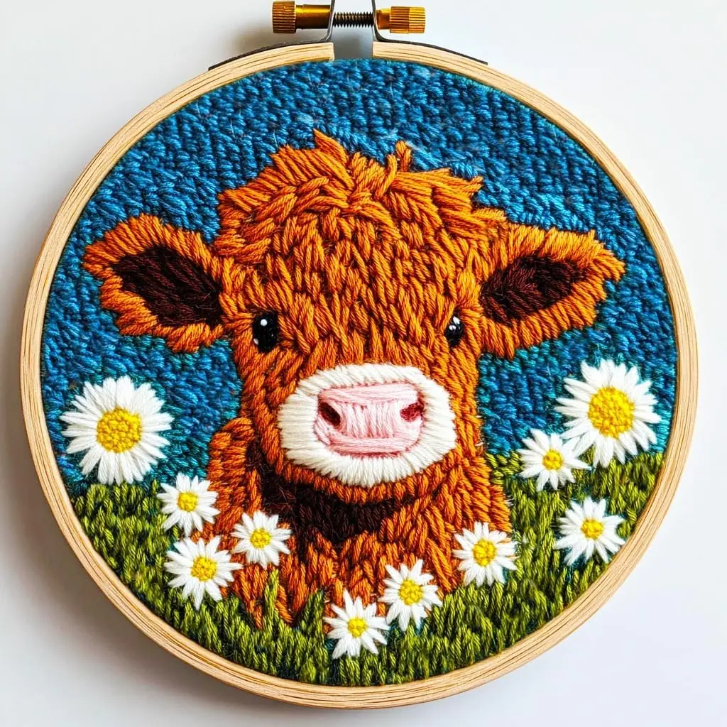 DIY Punch Needle Kit for Beginners Adults, Highland Cow with Daisy Flower Embroidery Starter Set with Pattern Stamped and Hoop 20x20cm, Festival Gift and DecorationGift