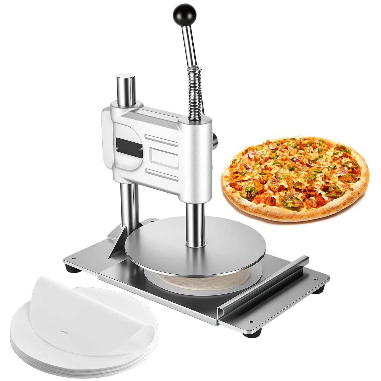 9.5-Inch Manual Pizza Dough Press Machine - Stainless Steel Kitchen Utensils for Home Kitchen, Round Smoother Dough Rolling, Pasta & Flatbread Crust Roller, Durable Easy-Operation Gadget for Small Restaurants