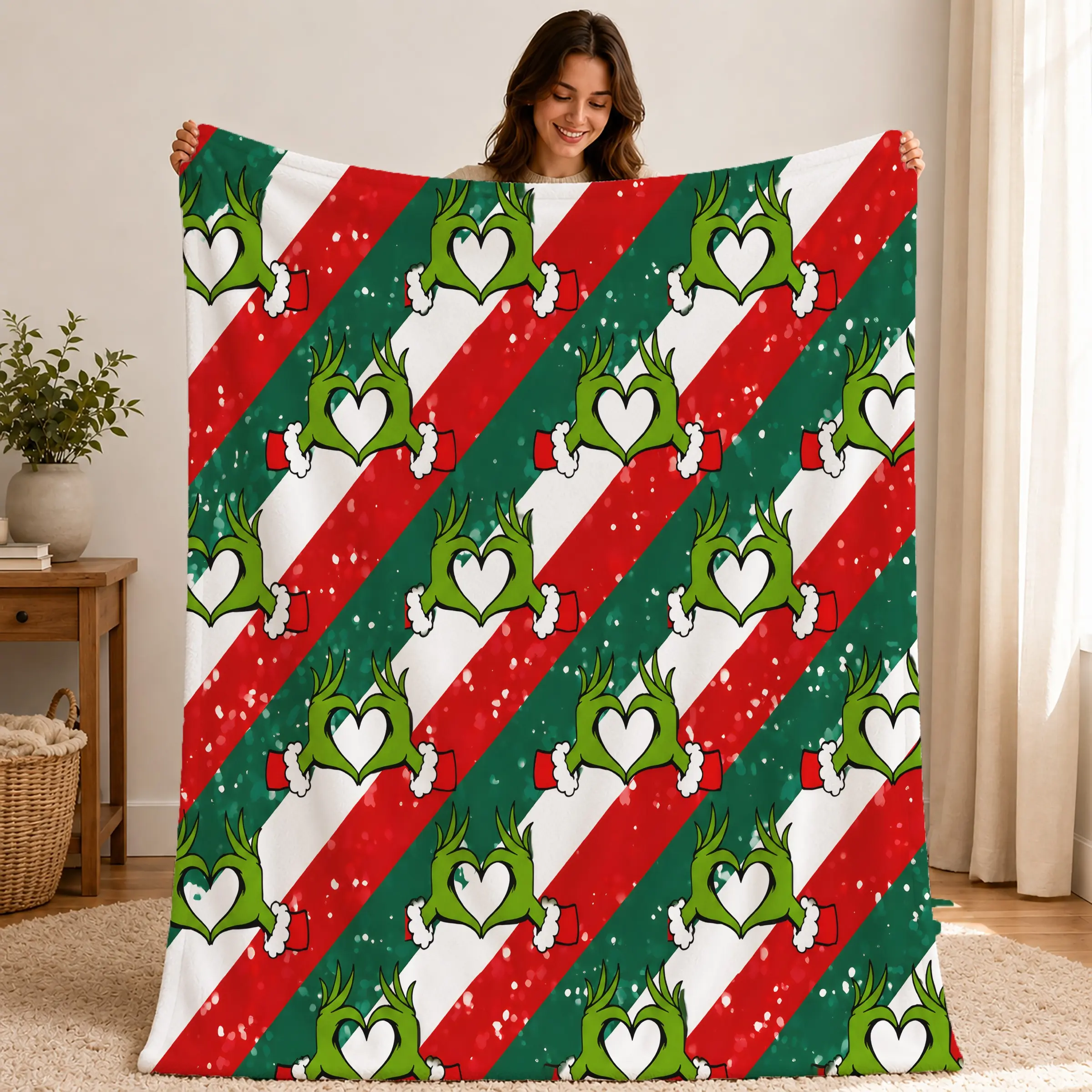 Grinch Heart Gesture Christmas Limited Flannel Blanket, Retro Striped Grinch Hand-Drawn Print, Soft Flannel, Perfect for Festive Decor