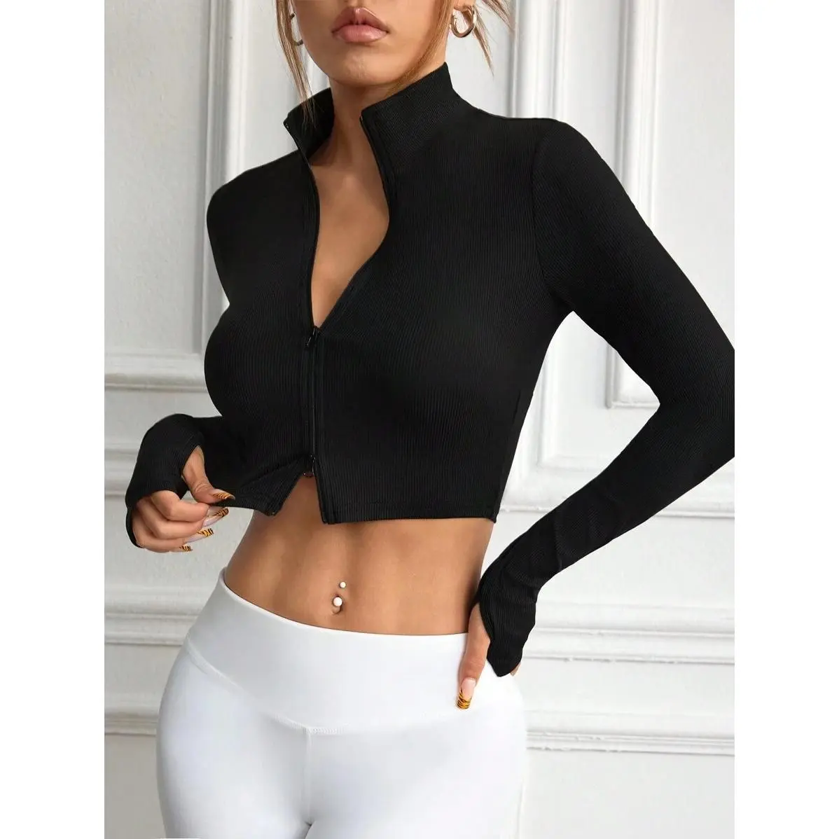 Solid Color Front Zipper Long Sleeve Cropped Jacket, Daily Casual,Zip-Up,Pocket,Sports