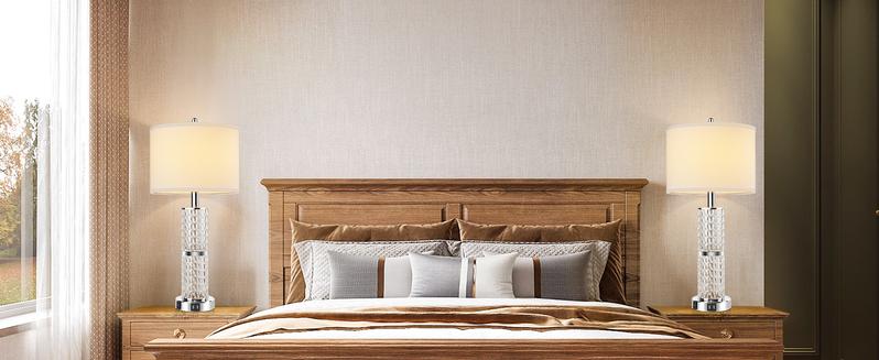 3-Way Touch Control Crystal Table Lamps Set of 2, Silver Modern Bedside Lamp with 2 USB Ports & AC Outlets for Living Room, 26' Tall Desk Lamps with White Drum Shade for Bedroom, 2 Free Bulbs Included