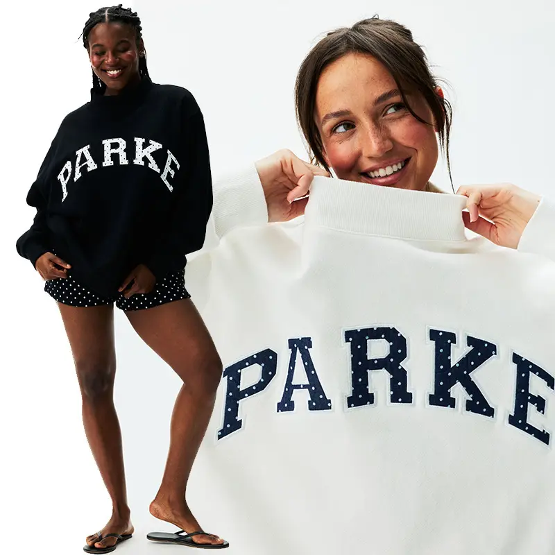 PARKE Polka Dot Letter Applique Embroidery High Neck Stand Collar Loose Sweatshirt