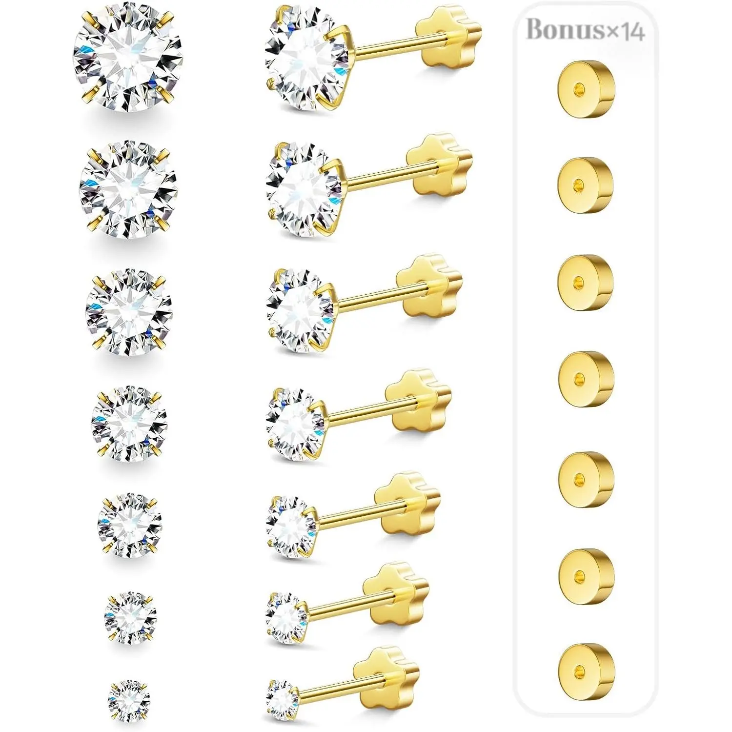 7 Pairs 20G  Flat  Earrings for Women - Lightweight  Stainless Steel Stud Earrings, Multiple  Stack Screw  Earrings for  Ears Everyday  CZ 2-8mm