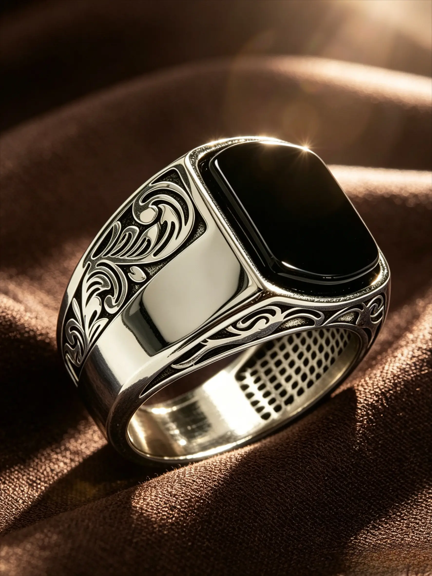 Two Tone Stainless Steel Men Signet Ring, Square Smooth Black Onyx, Vintage Scroll Floral Engraved Wide Band, Honeycomb Breathable Inner Texture, Hypoallergenic Tarnish Resistant Western Retro Jewelry Gift For Men, Floral Engraving