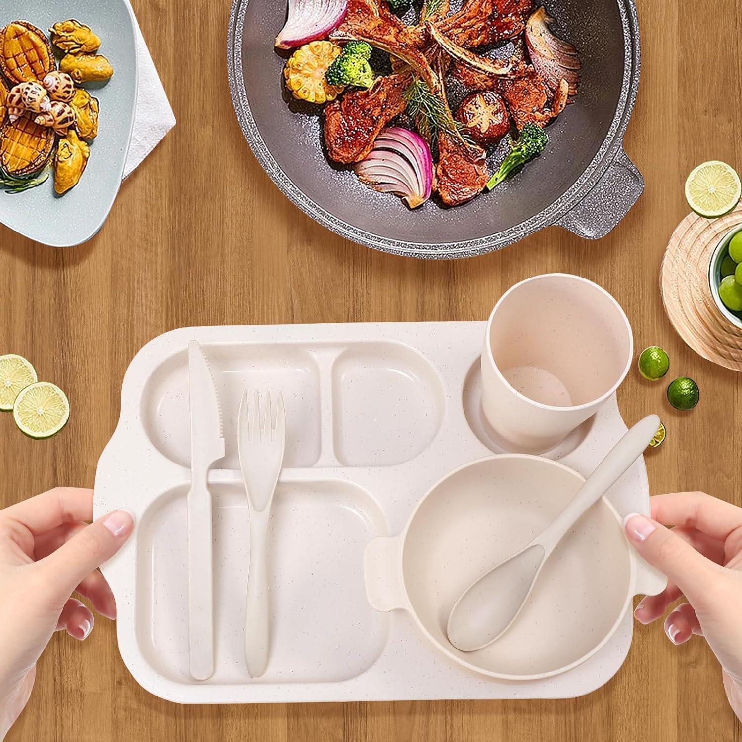 Wheat Straw Cutlery Set, 24pcs/set Including Plate*4 & Bowl*4 & Cup*4 & Cutlery*4 Sets, Reusable Wheat Straw Tableware Set, Dinnerware Service Set for Home School Restaurant