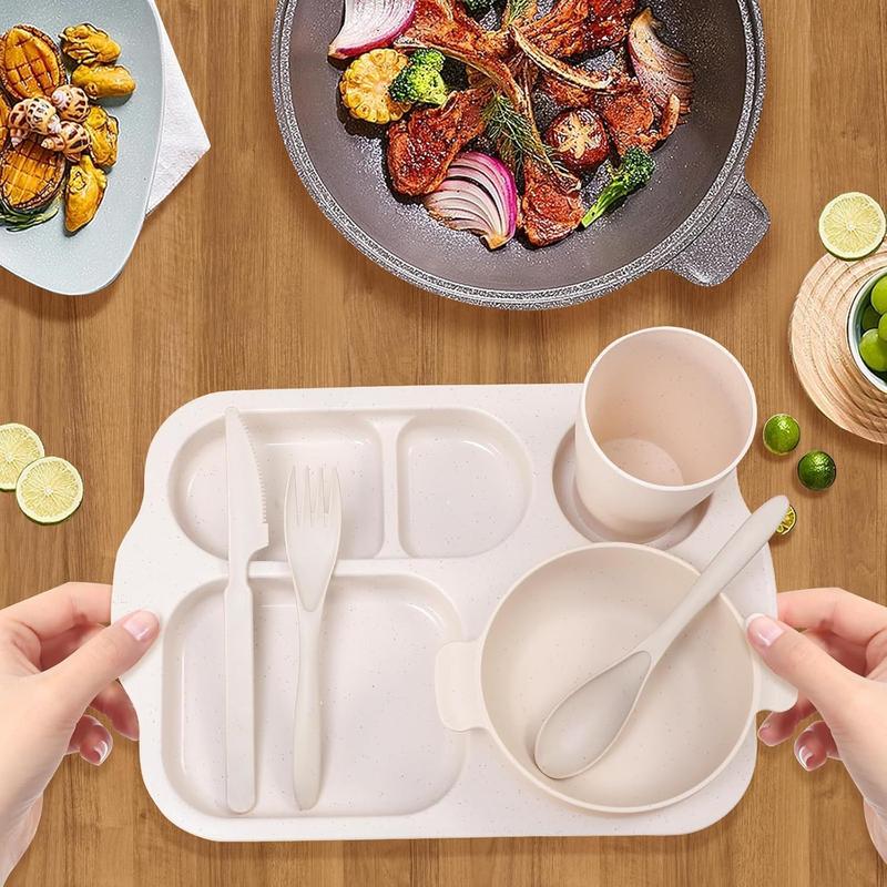 Wheat Straw Cutlery Set, Plates Bowls Sets, 24pcs/set Including Plate*4 & Bowl*4 & Cup*4 & Cutlery*4 Sets, Reusable Wheat Straw Tableware Set for Home School Restaurant