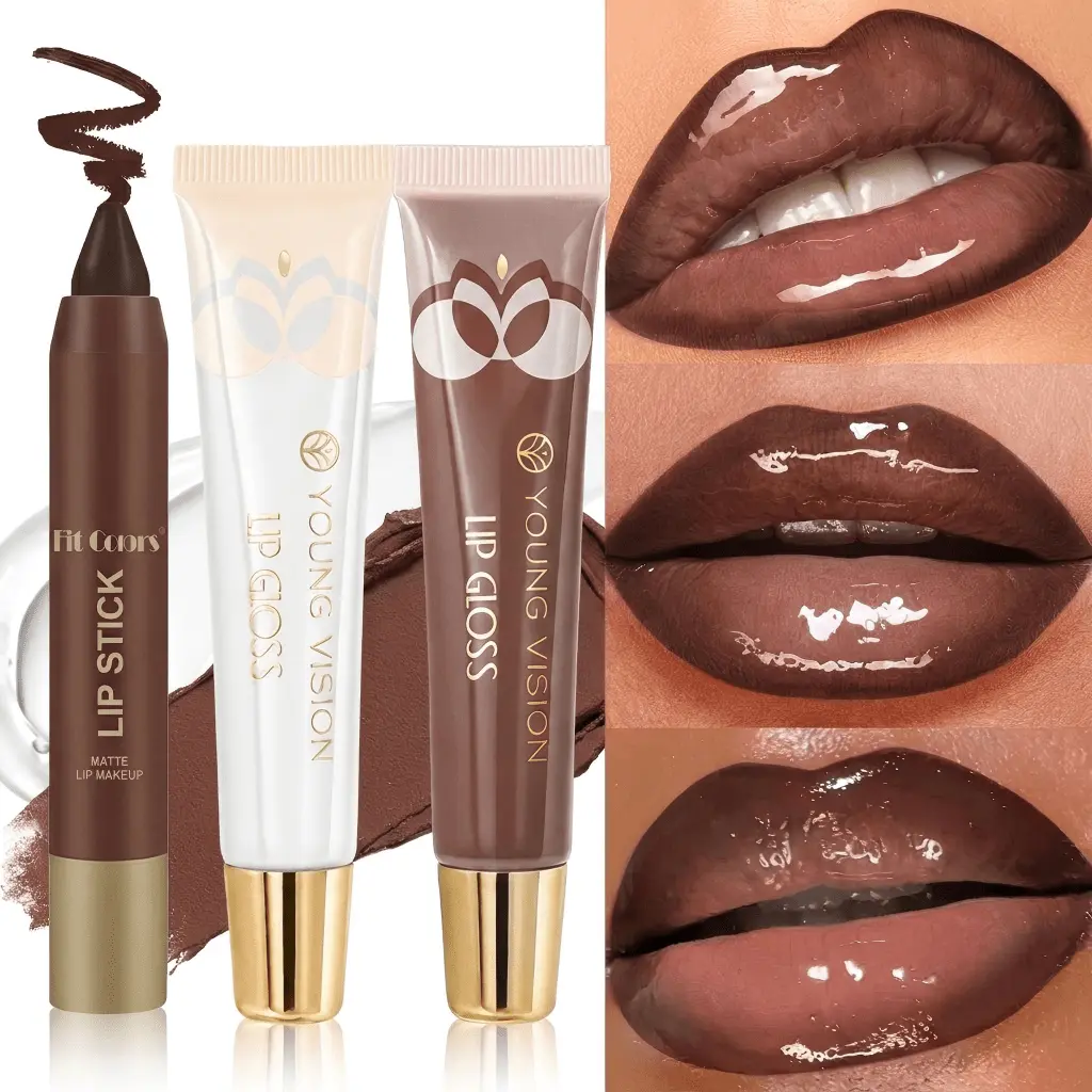 3Pcs Lipcombo Set: Matte Lip Liner Pencil + Brown Plumping Lip Gloss + Clear Hydrating Glass Lip Oil, Long Lasting Lip Makeup Kit For Full Plump Glossy Lips