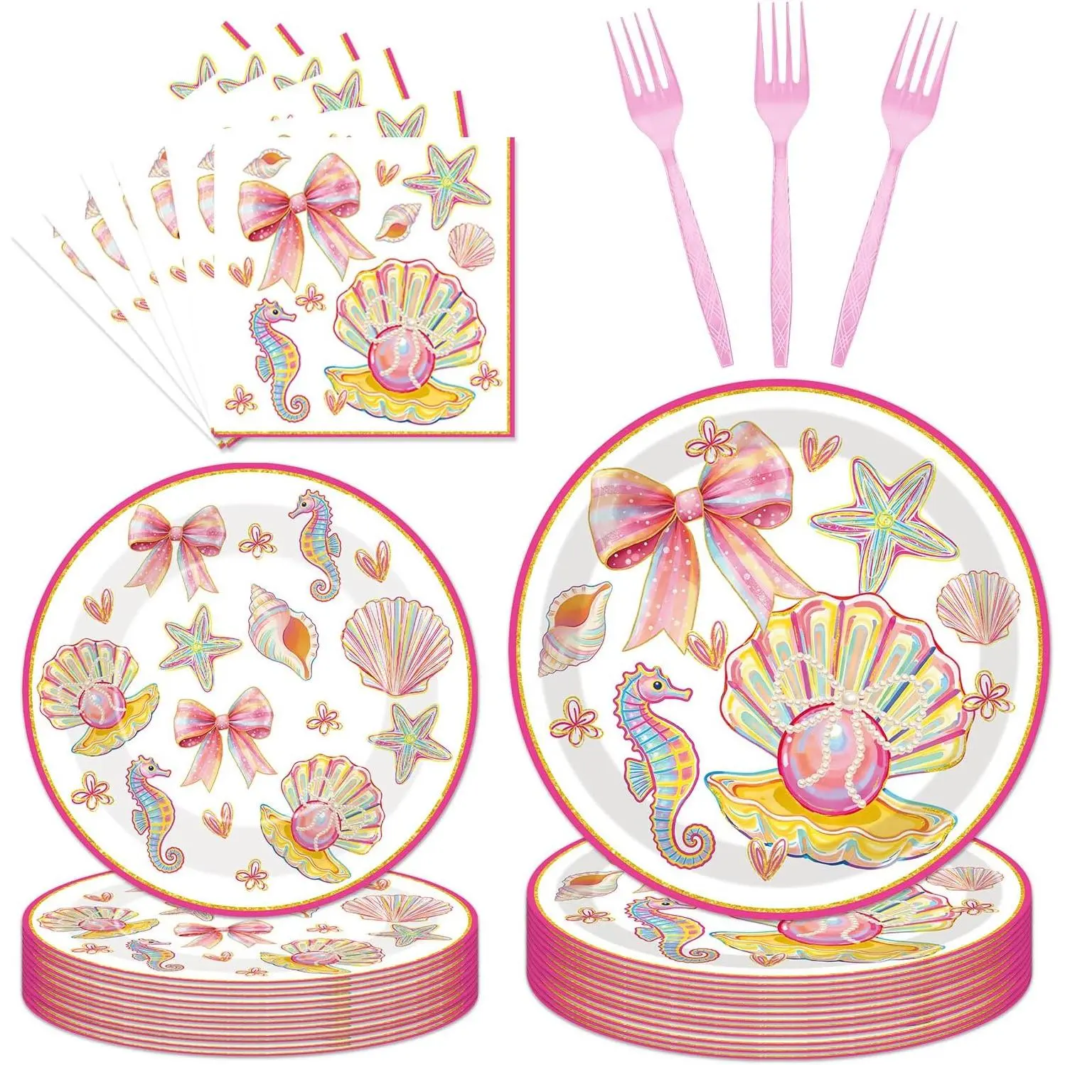 96pcs Seashell Birthday Party Decorations - Coastal Birthday Decorations Includes Plates Napkins and Forks, Ocean Theme Tableware Set for Baby Shower, Summer Beach Party Decorations (Pink)